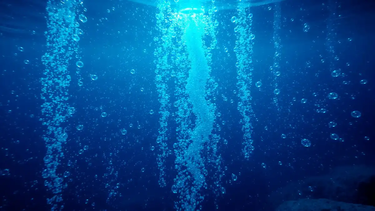 Streams of bubbles in blue water