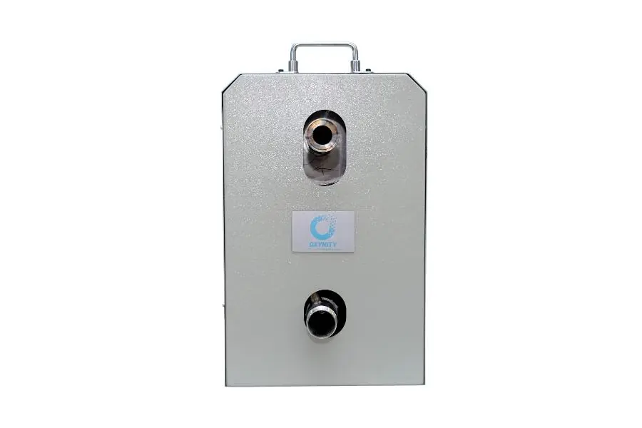 Side view of an Oxynity generator showing inlet and outlet