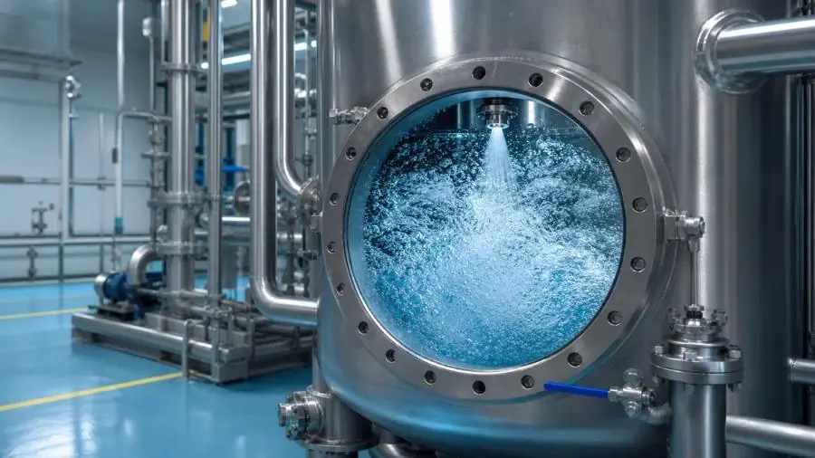 Industrial tank being cleaned with bubble water